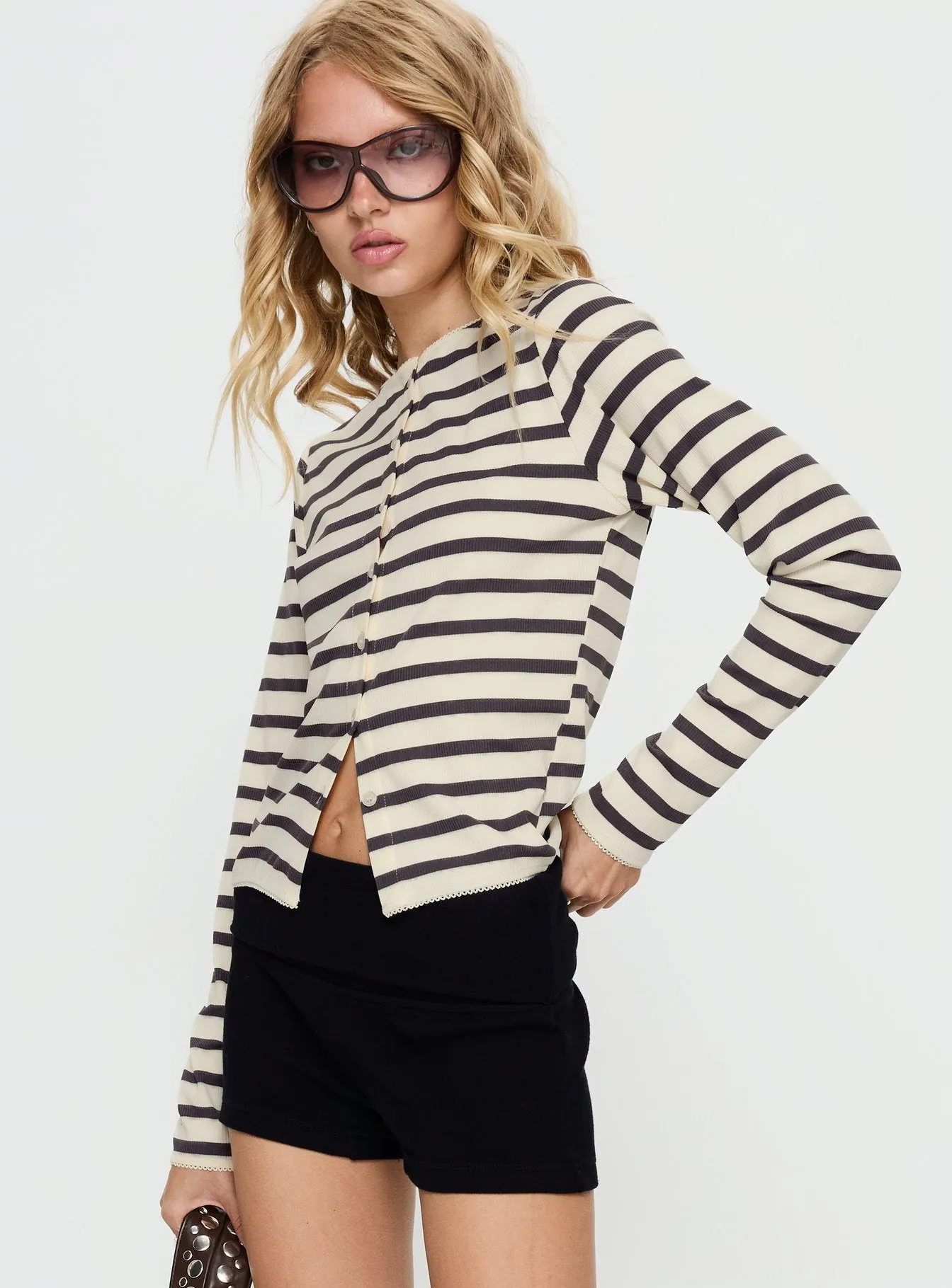 Marvella Button Up Long sleeve Top Dark Grey / Cream Stripe sold by Princess Polly product image thumbnail 3
