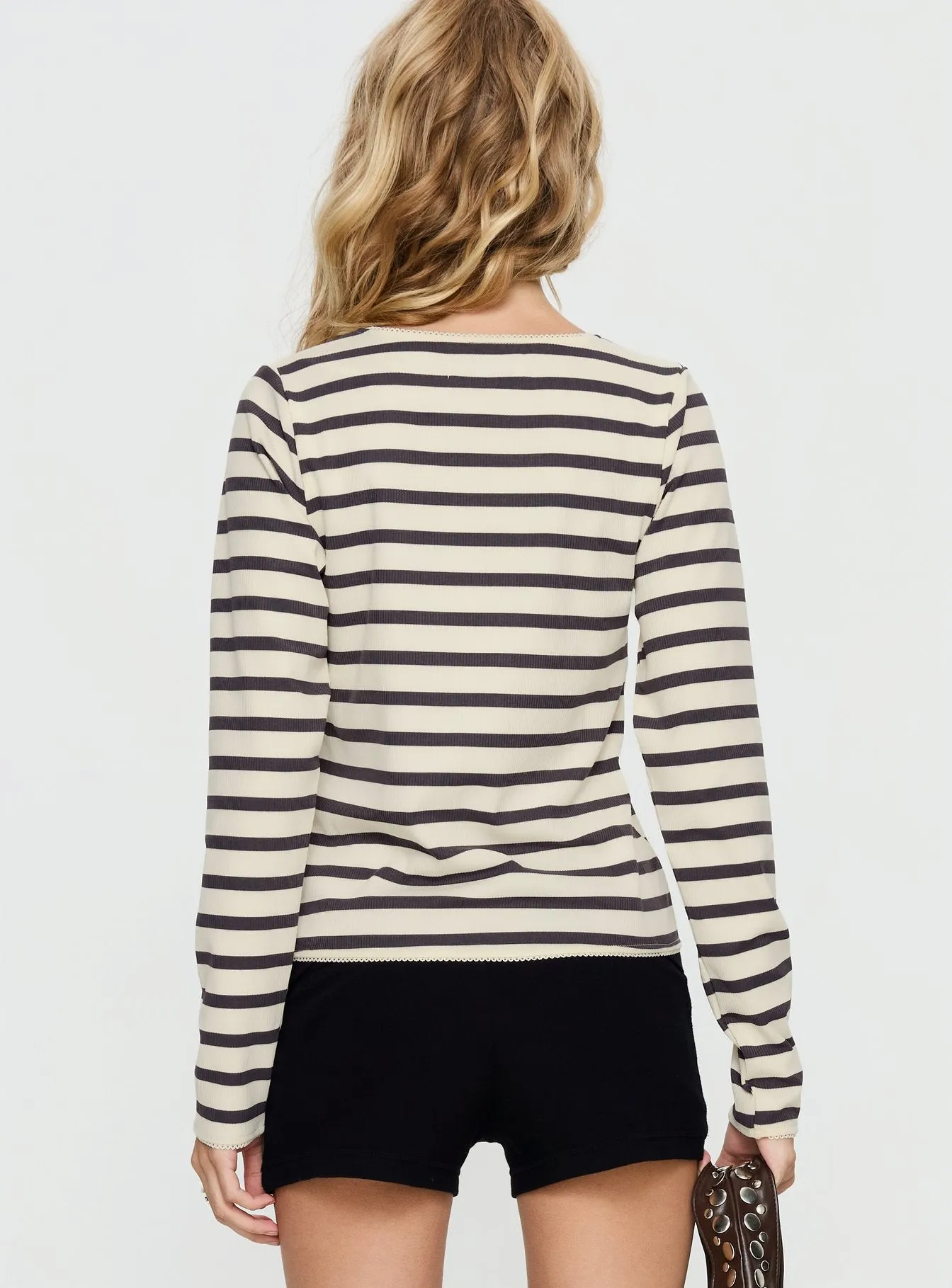 Marvella Button Up Long sleeve Top Dark Grey / Cream Stripe sold by Princess Polly product image thumbnail 4
