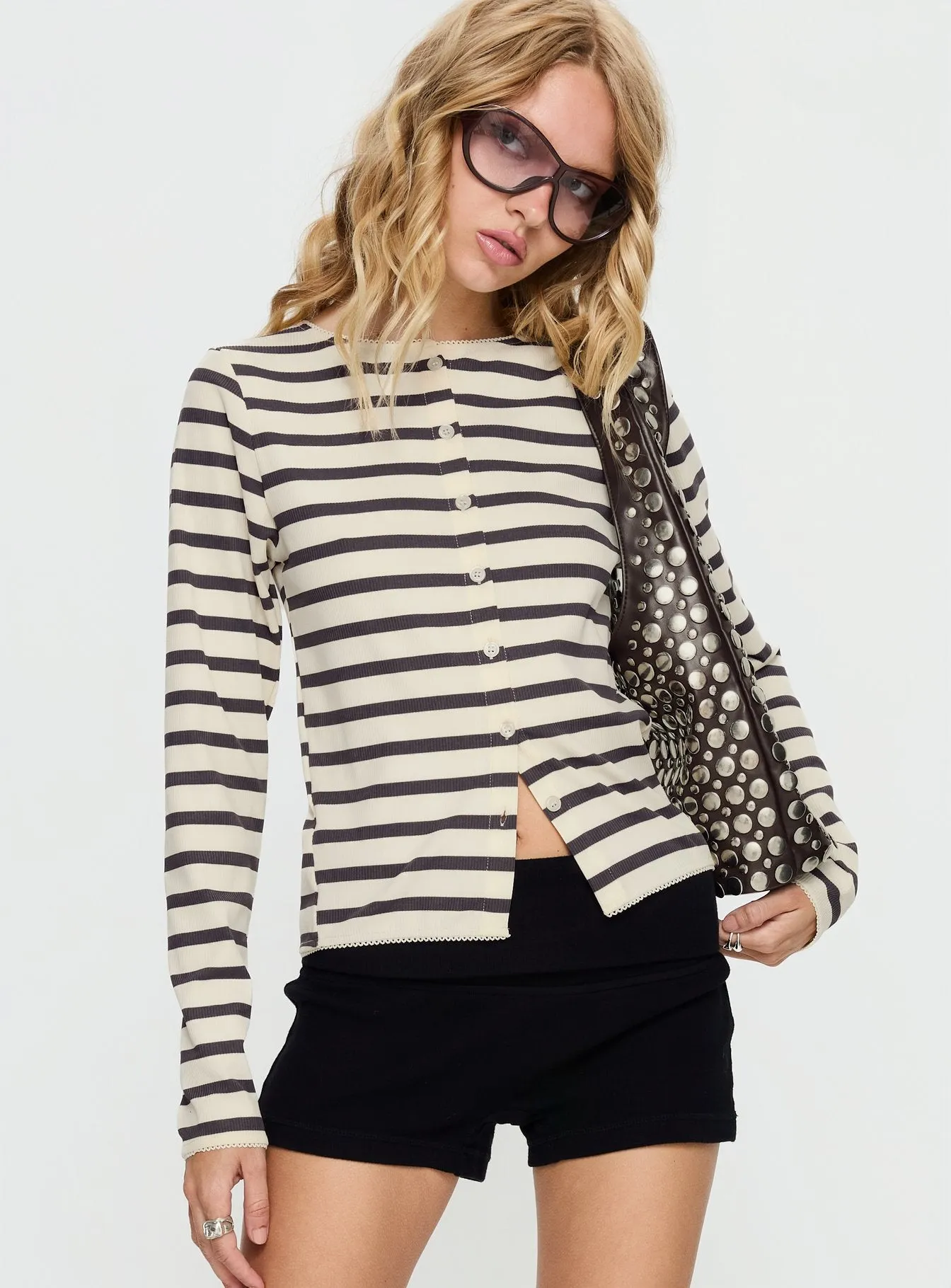 Marvella Button Up Long sleeve Top Dark Grey / Cream Stripe sold by Princess Polly