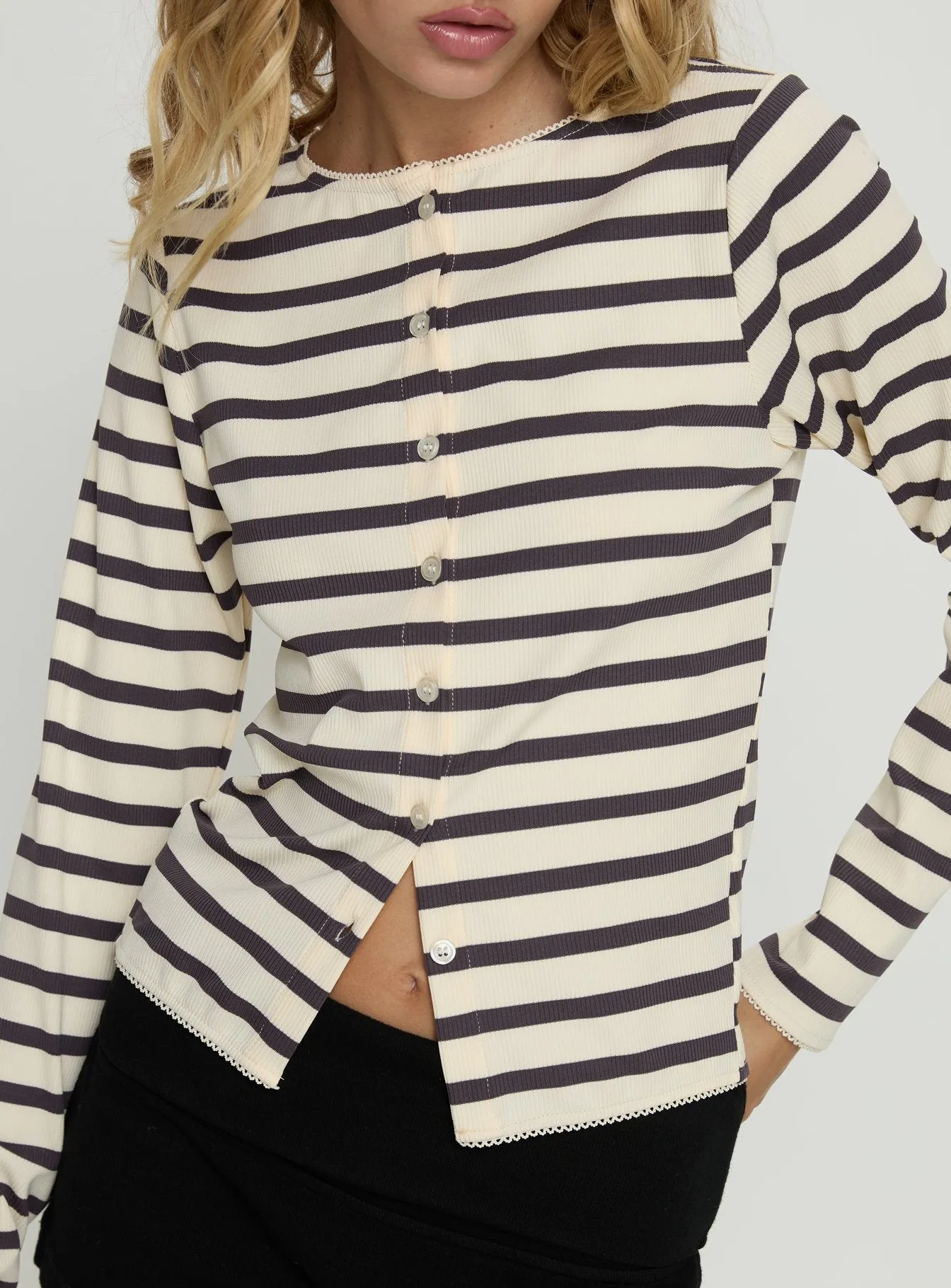 Marvella Button Up Long sleeve Top Dark Grey / Cream Stripe sold by Princess Polly product image thumbnail 5