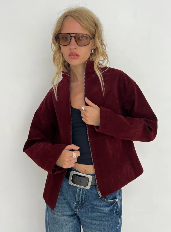 Jessalynn Faux Suede Zip Through Jacket Burgundy sold by Princess Polly