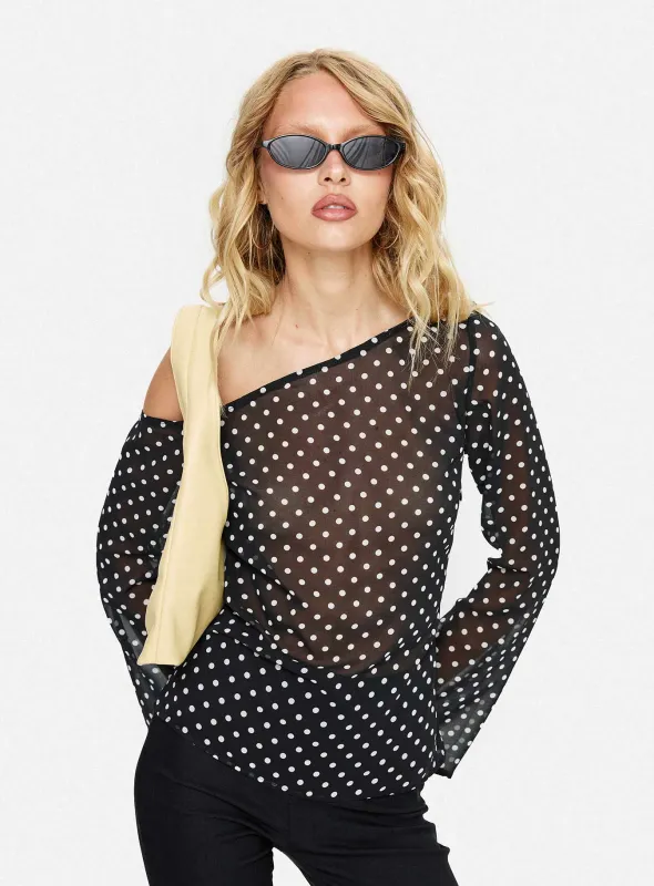 Shiona Sheer One Shoulder Long Sleeve Top Black Polka sold by Princess Polly