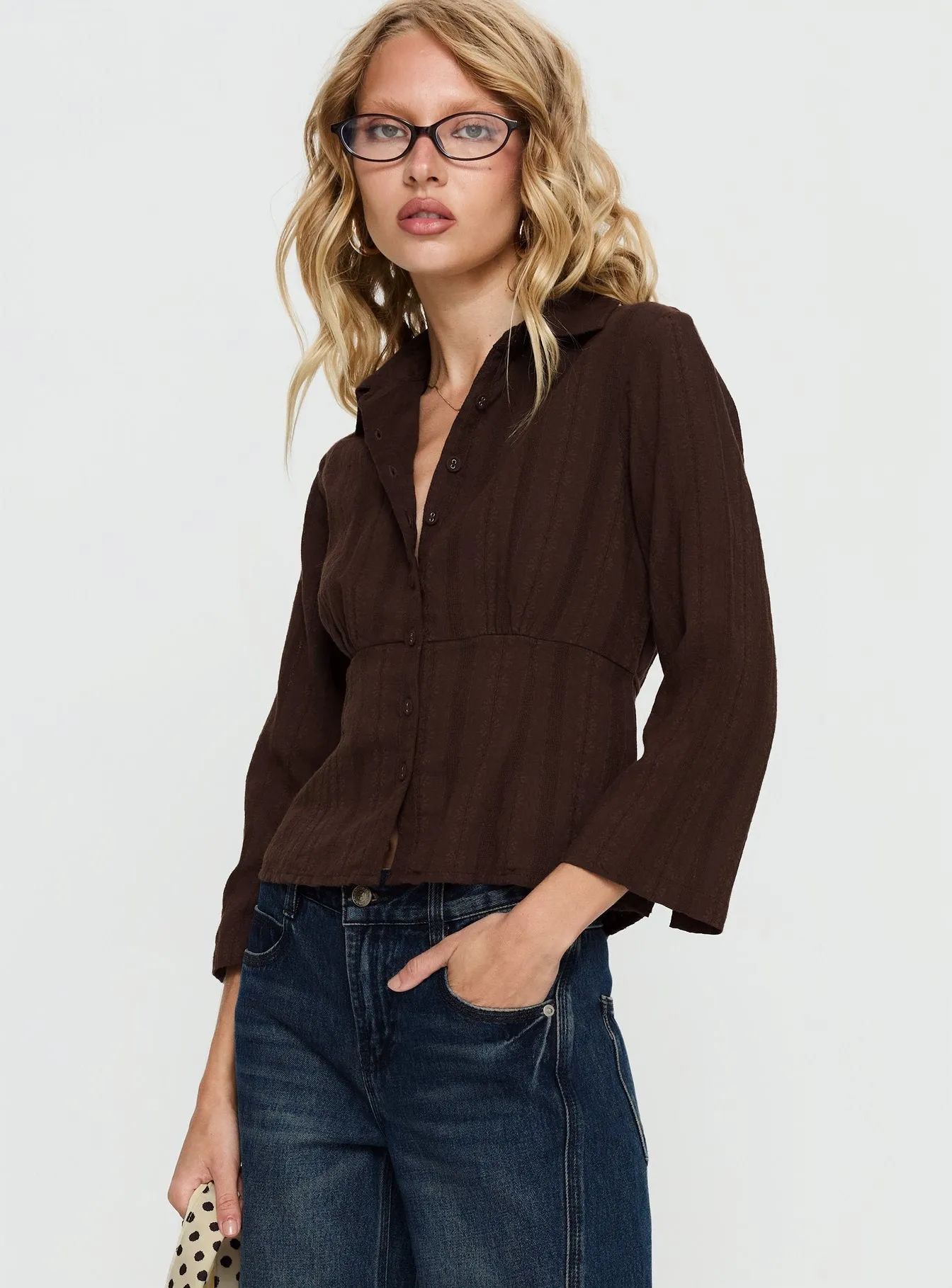 Taelynn 3/4 Sleeve Button Up Shirt Chocolate sold by Princess Polly product image thumbnail 4