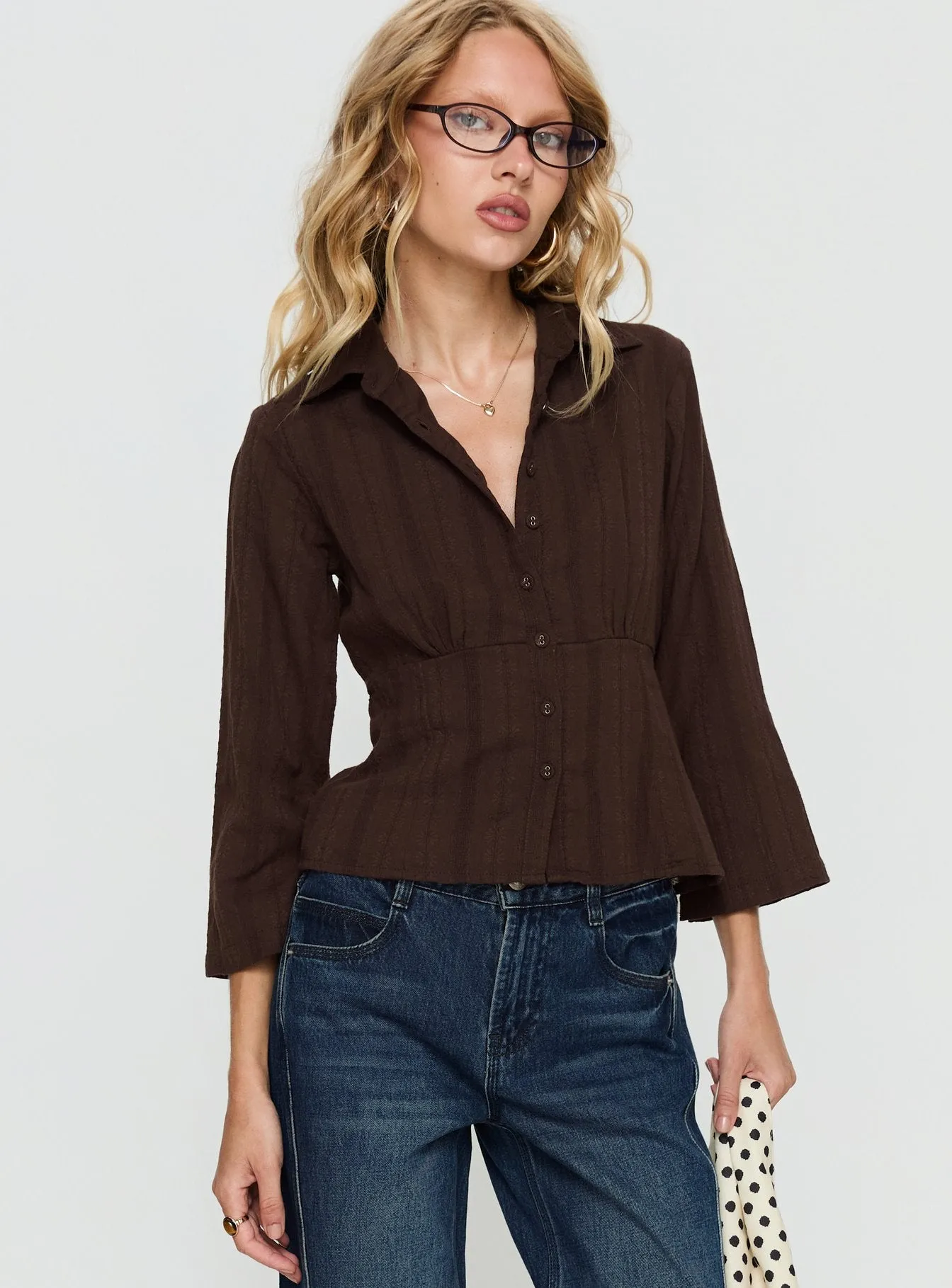 Taelynn 3/4 Sleeve Button Up Shirt Chocolate sold by Princess Polly product image thumbnail 2
