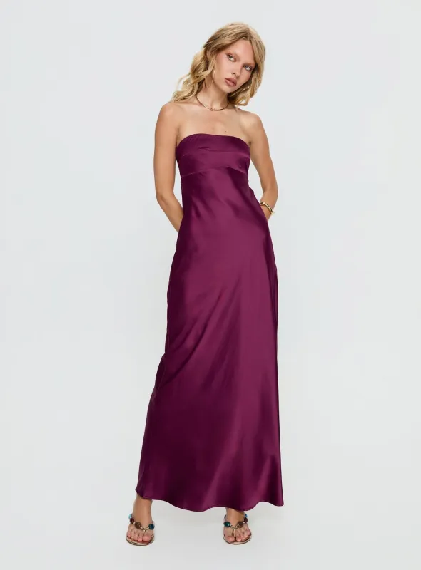 Rozelle Strapless Maxi Dress Currant sold by Princess Polly