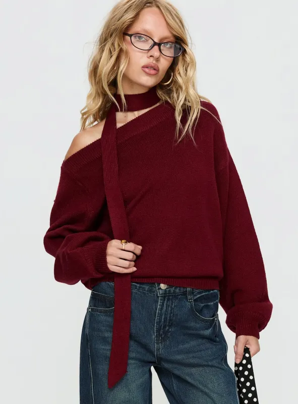 Ruthi Scarf Off Shoulder Knit Sweater Burgundy sold by Princess Polly