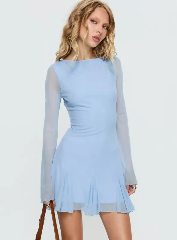 Evita Long Sleeve Pleat Mini Dress Sky Blue sold by Princess Polly