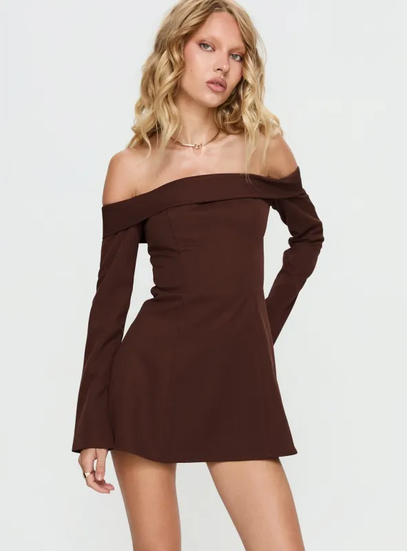 Daija Off Shoulder Long Sleeve Playsuit Brown sold by Princess Polly