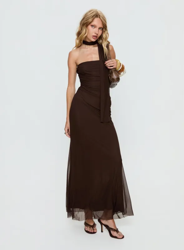 Ainslea Halter Scarf Maxi Dress Dark Brown sold by Princess Polly
