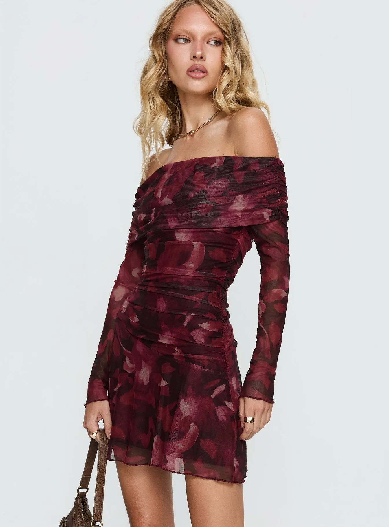 Marrissa Off Shoulder Long Sleeve Mini Dress Burgundy Floral sold by Princess Polly product image thumbnail 3