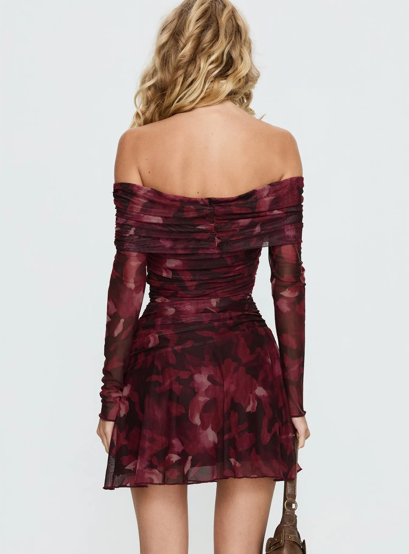 Marrissa Off Shoulder Long Sleeve Mini Dress Burgundy Floral sold by Princess Polly product image thumbnail 4