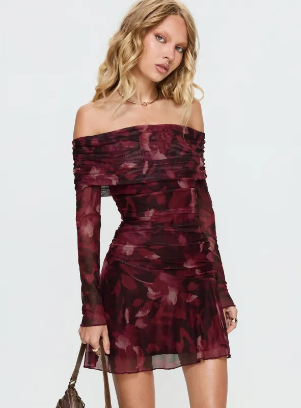 Marrissa Off Shoulder Long Sleeve Mini Dress Burgundy Floral sold by Princess Polly