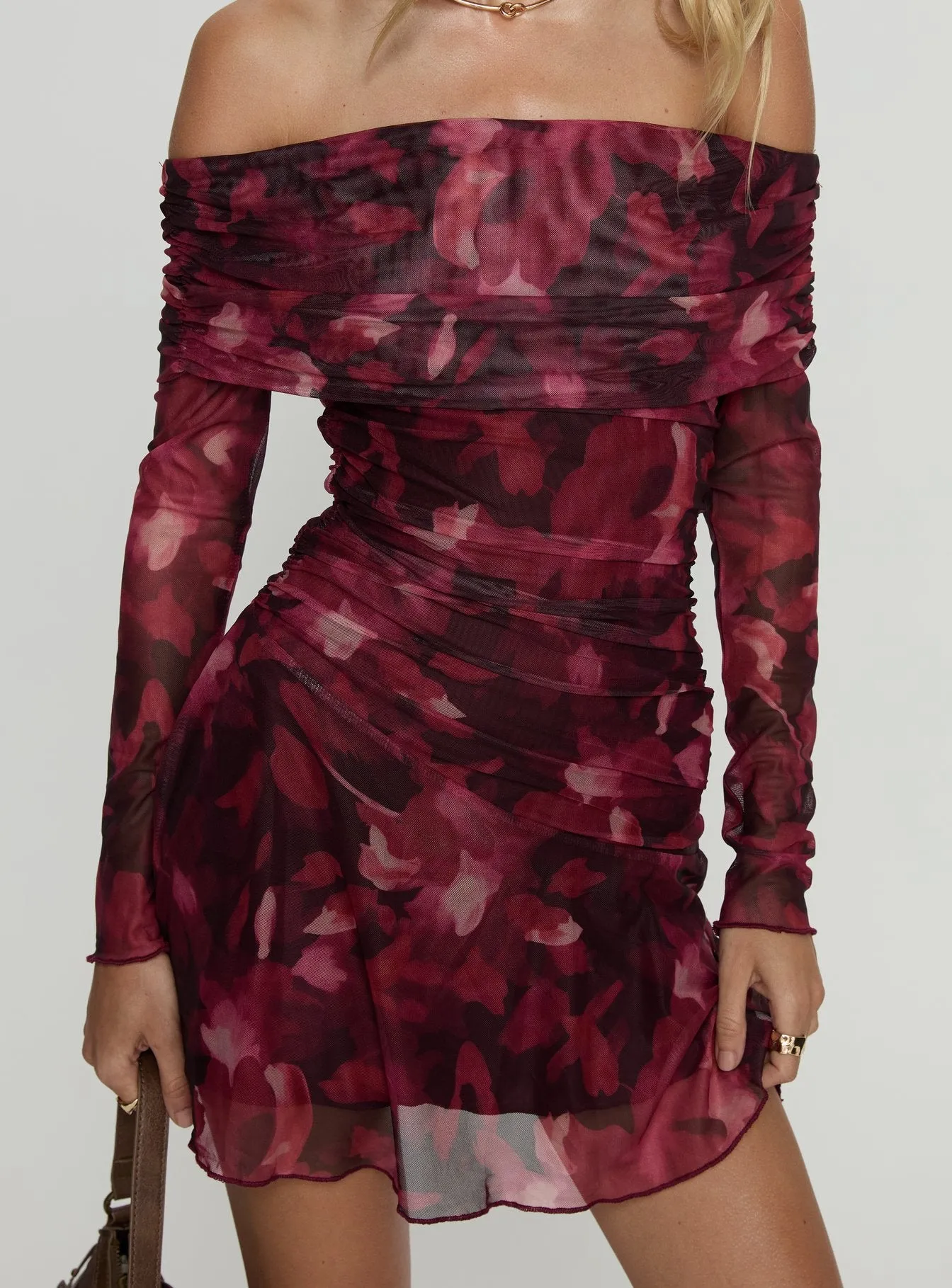 Marrissa Off Shoulder Long Sleeve Mini Dress Burgundy Floral sold by Princess Polly product image thumbnail 5