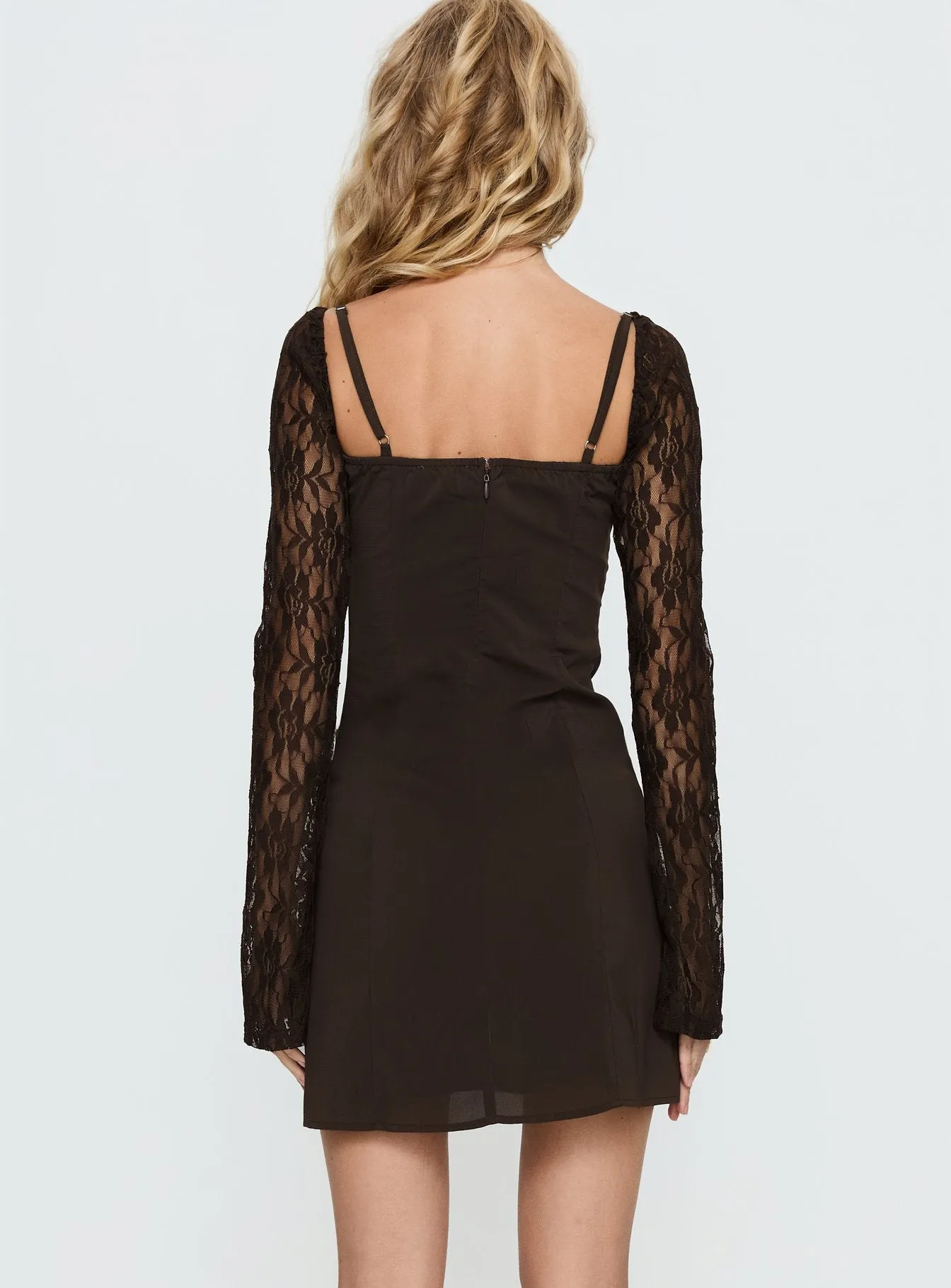 Ashwood Lace Sleeve Mini Dress Chocolate sold by Princess Polly product image thumbnail 4