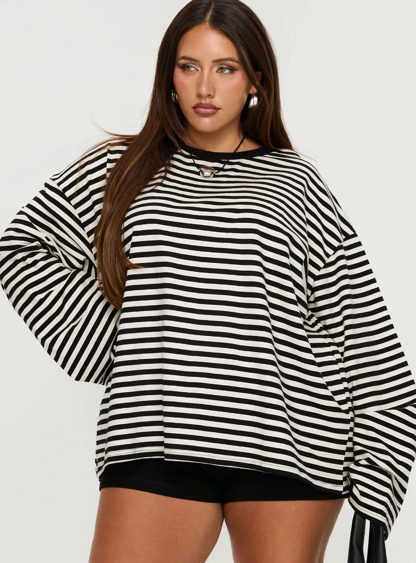 Settle Down Long Sleeve Top Black / White Stripe Curve sold by Princess Polly product image thumbnail 2