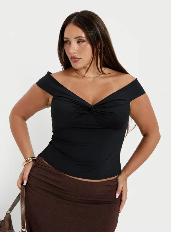Maxeina Off Shoulder Twist Top Black Curve sold by Princess Polly