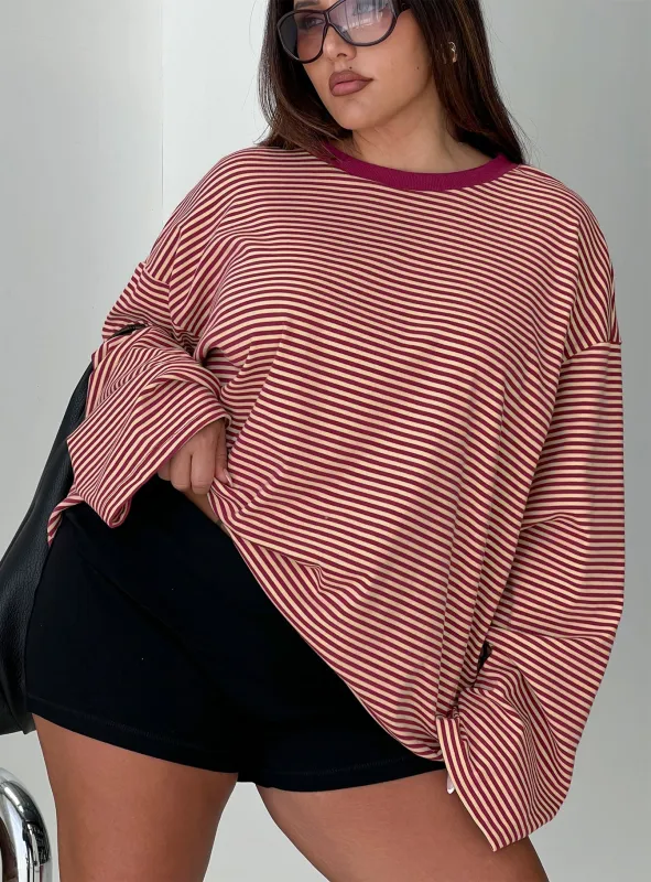 Settle Down Long Sleeve Top Lemon / Burgundy Stripe Curve sold by Princess Polly