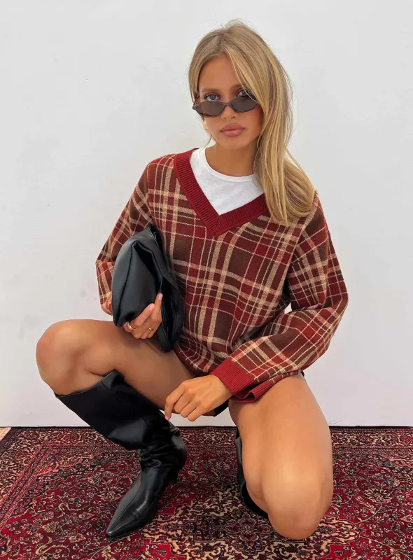 Sydda V Neck Knit Sweater Red Plaid sold by Princess Polly