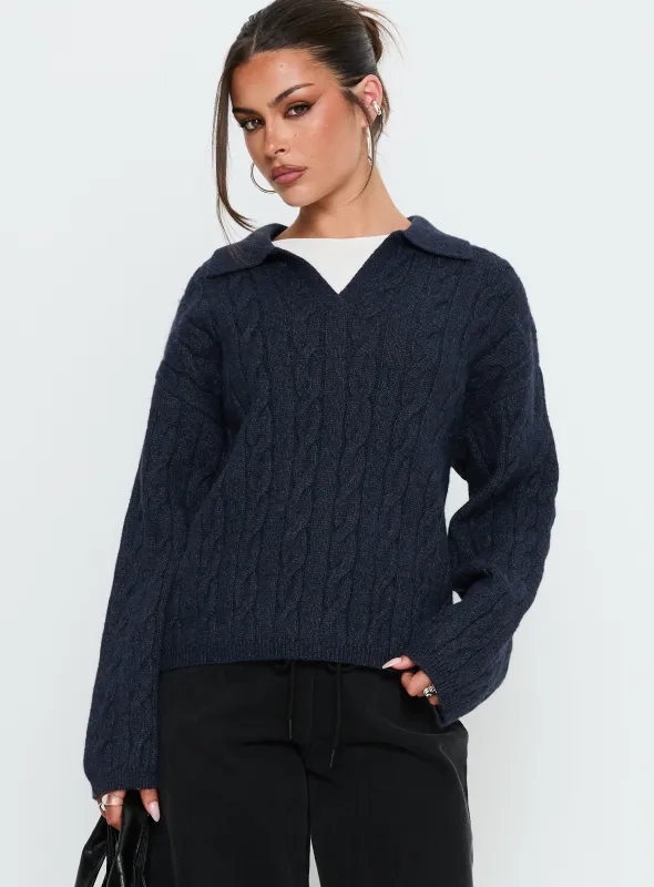 Brodey Collared Cable Knit Sweater Navy sold by Princess Polly