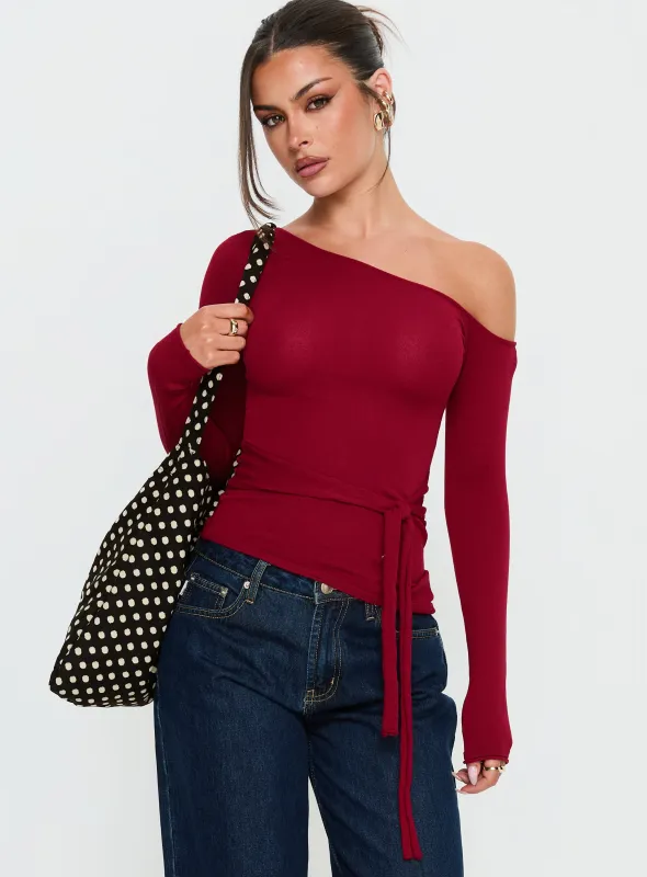Kastor One Shoulder Long Sleeve Top Burgundy sold by Princess Polly