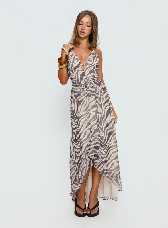 Roxine Asymmetrical Halter Maxi Dress Animal Multi sold by Princess Polly