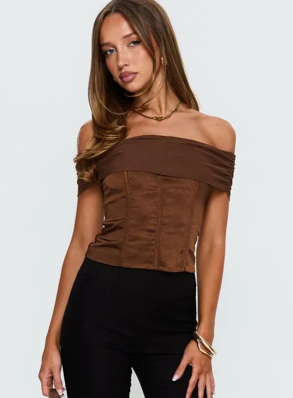 Kaari Off Shoulder Corset Top Chocolate sold by Princess Polly