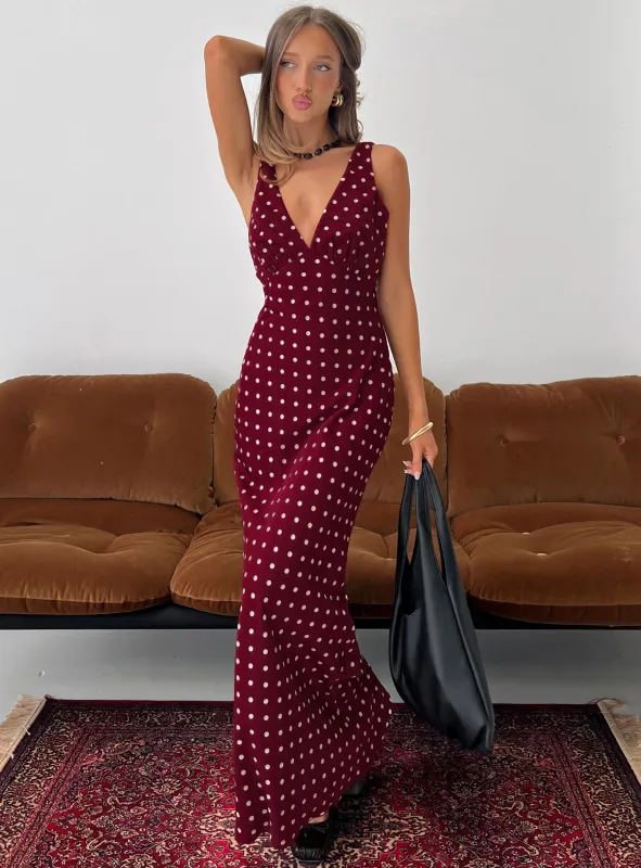 Nellie Maxi Dress Burgundy Polka Dot sold by Princess Polly