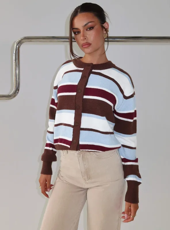 Soline Knit Cardigan Blue / Brown Stripe sold by Princess Polly