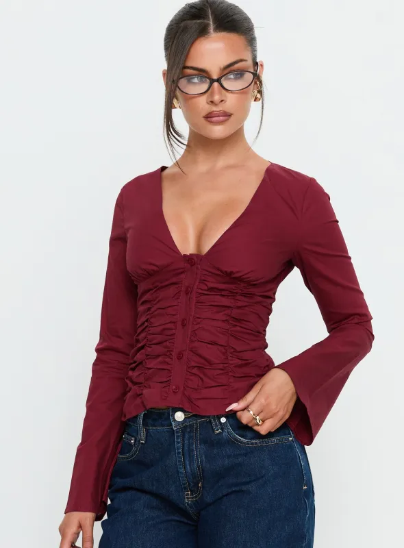 Zanetta Ruched Long Sleeve Top Burgundy sold by Princess Polly