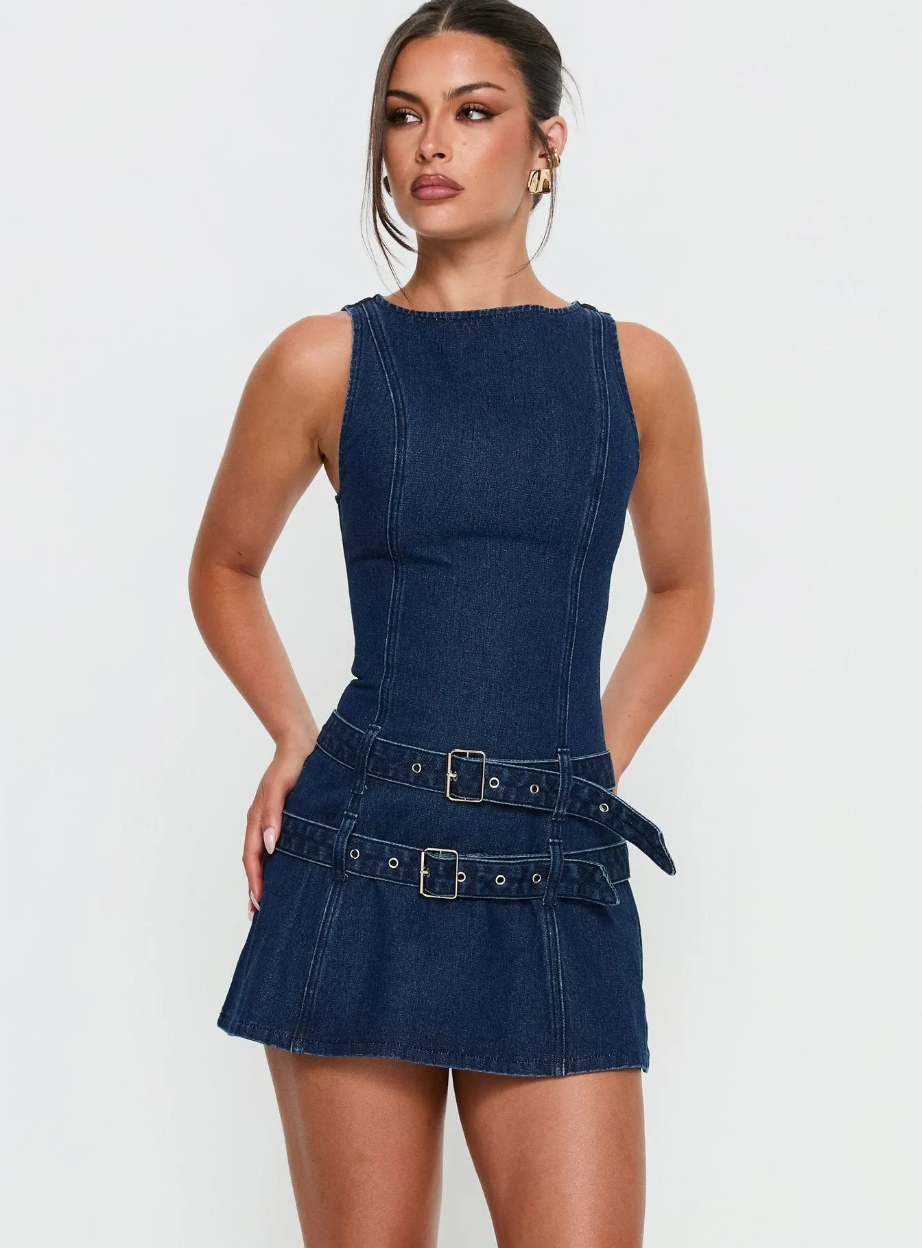 Kainer Denim Buckle Mini Dress Dark Blue Wash sold by Princess Polly product image thumbnail 2