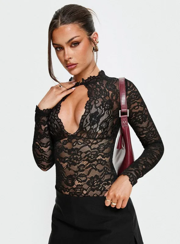 Kamara Long Sleeve Lace Bodysuit Black sold by Princess Polly