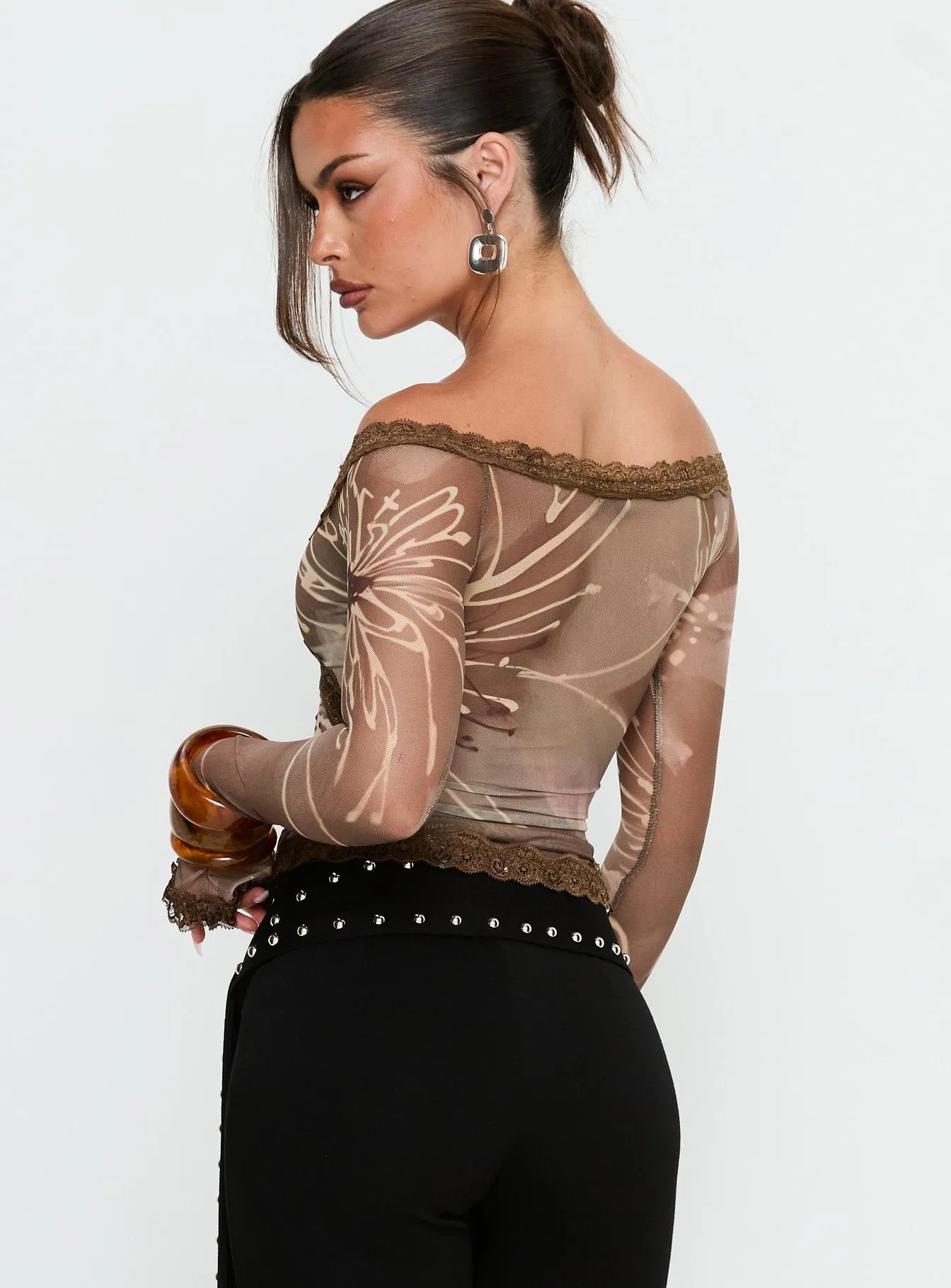 Katlyne Long Sleeve Lace Trim Top Brown Floral sold by Princess Polly product image thumbnail 5