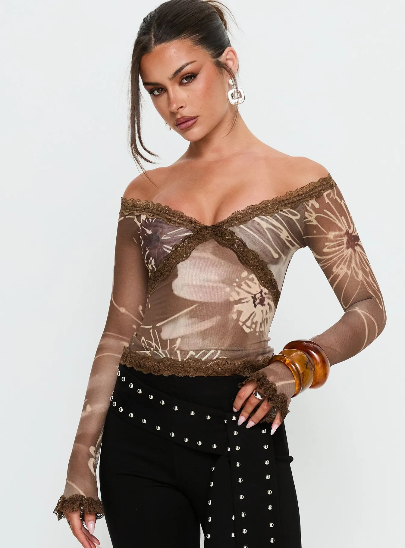 Katlyne Long Sleeve Lace Trim Top Brown Floral sold by Princess Polly product image thumbnail 2