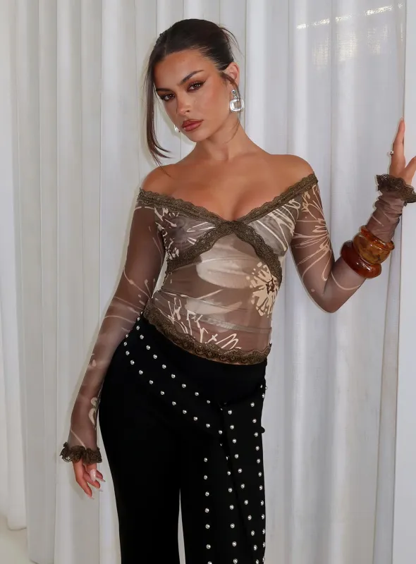 Katlyne Long Sleeve Lace Trim Top Brown Floral sold by Princess Polly