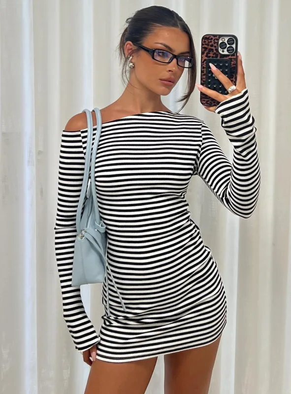 Journi Off Shoulder Long Sleeve Mini Dress Black / White Stripe sold by Princess Polly