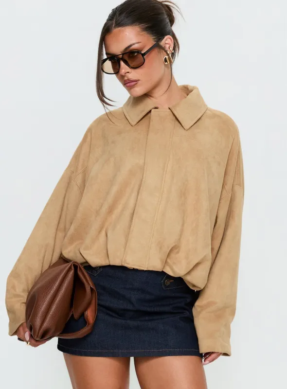 Enlightened Faux Suede Bomber Jacket Beige sold by Princess Polly
