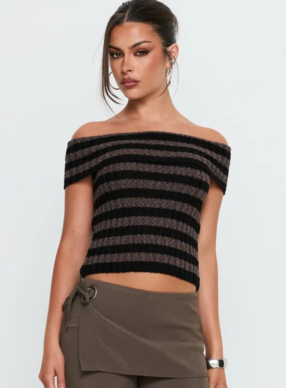 Murmur Off Shoulder Top Brown / Black Stripe sold by Princess Polly