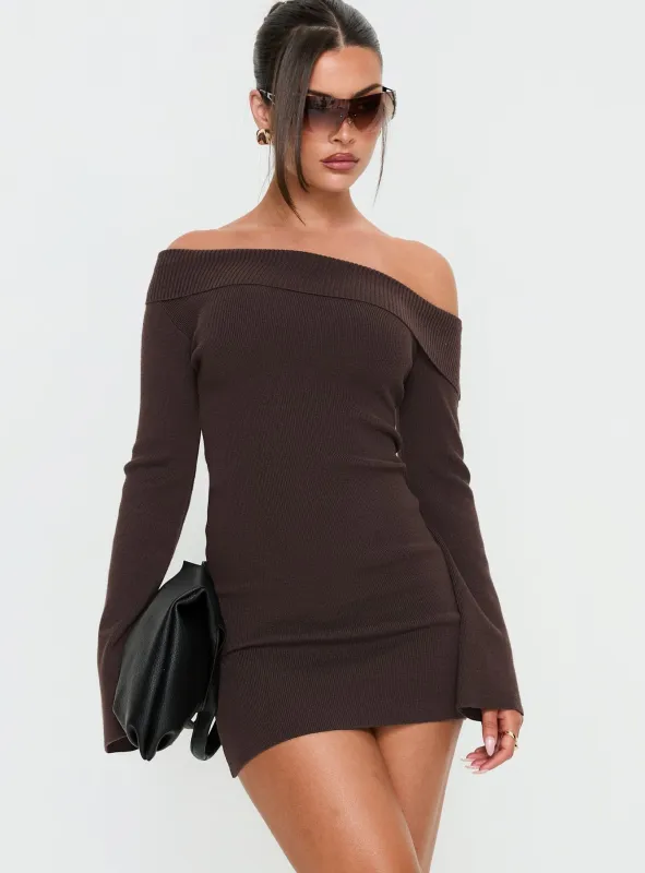 Sina Off Shoulder Mini Dress Chocolate sold by Princess Polly