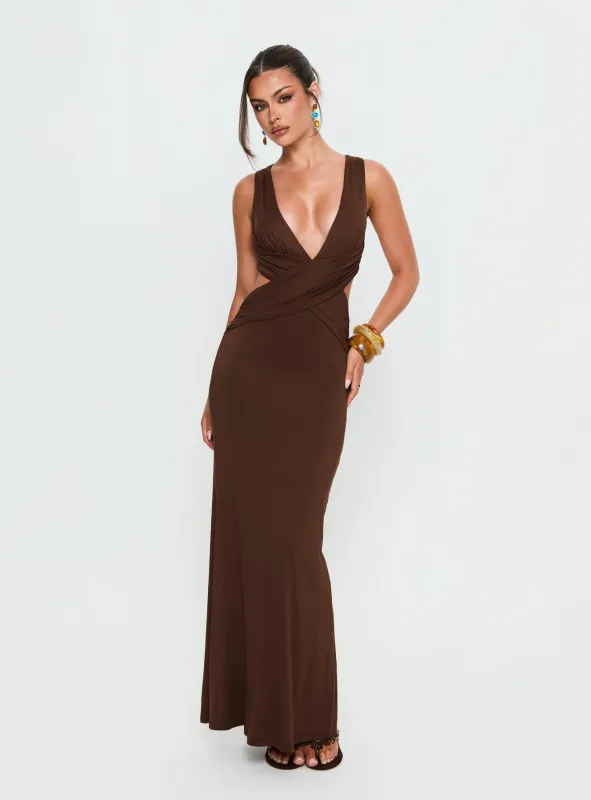 Bambia Maxi Dress Dark Brown sold by Princess Polly