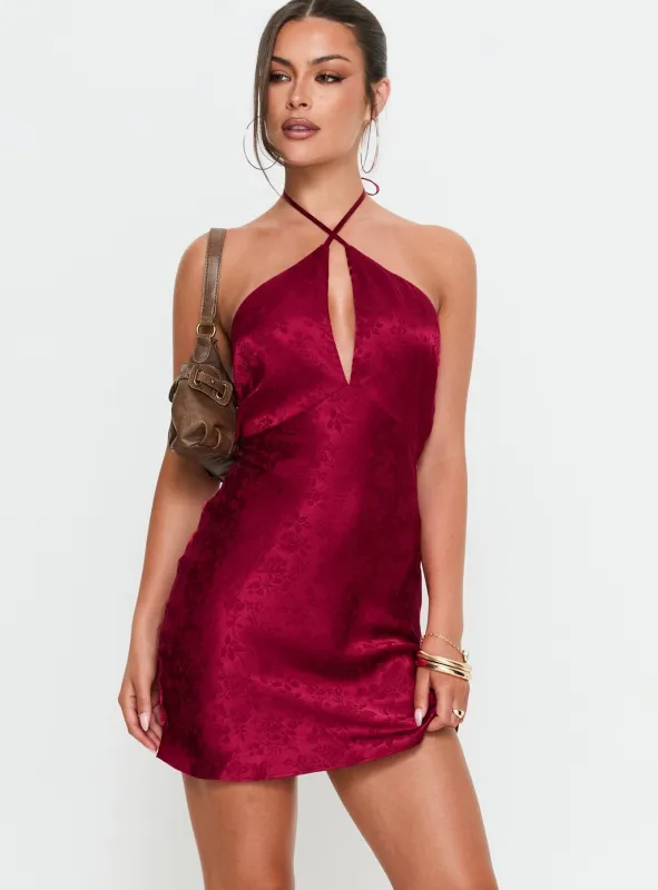 Vanezia Halter Mini Dress Burgundy sold by Princess Polly
