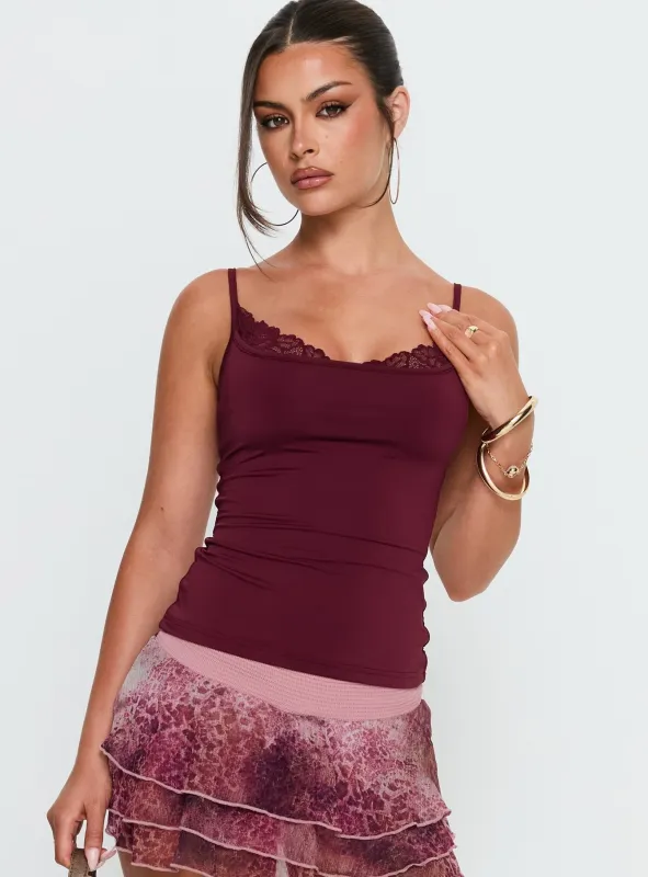 Spring To Summer Lace Trim Cami Top Plum sold by Princess Polly