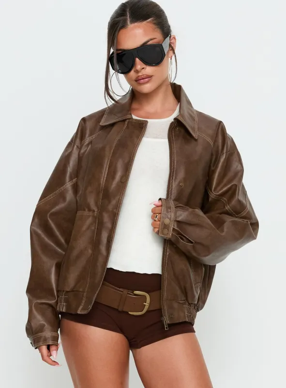 Jaxton Faux Leather Jacket Light Brown sold by Princess Polly