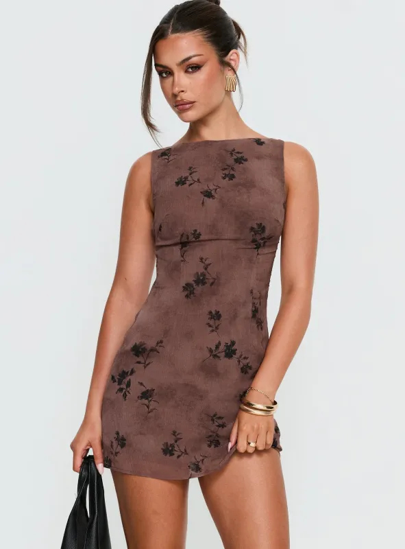 Edwyna Mini Dress Brown Floral sold by Princess Polly