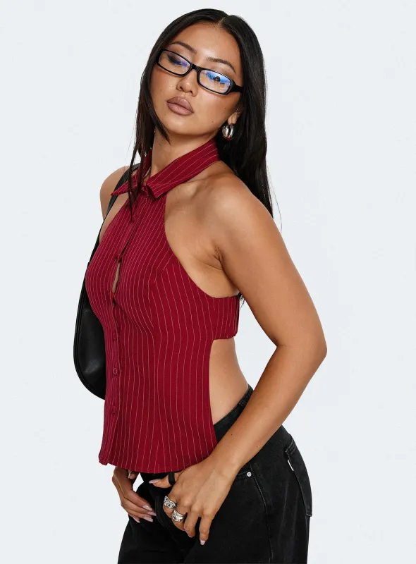 Roanne Backless Collared Top Red Stripe sold by Princess Polly