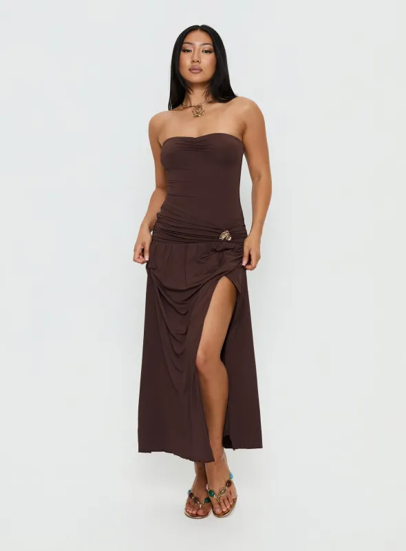 Alexe Strapless Ruched Maxi Dress Chocolate sold by Princess Polly