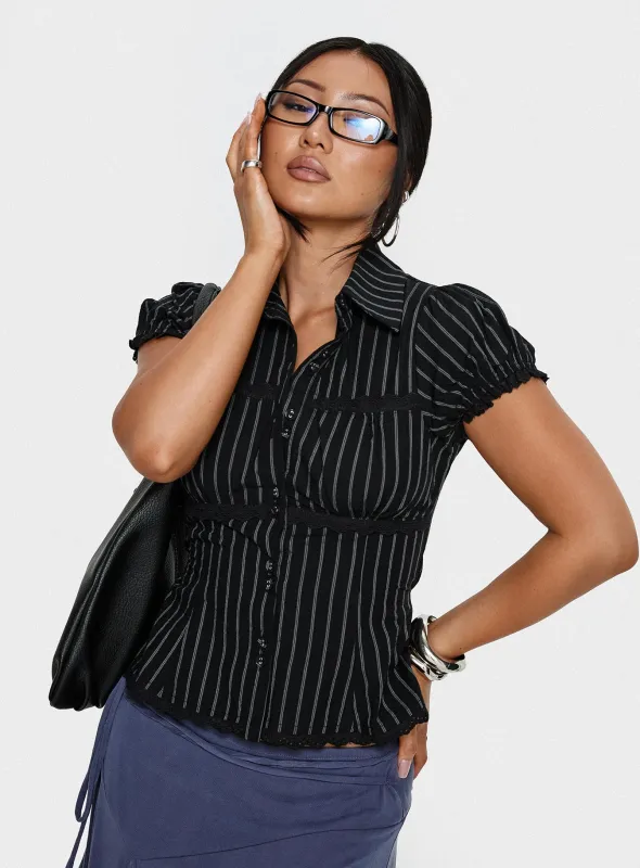 Deserve You Puff Sleeve Button Front Top Black Stripe sold by Princess Polly