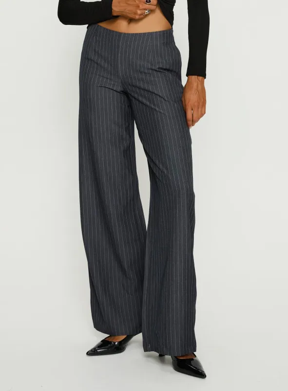 Khane Low Rise Wide Leg Pant Charcoal Pinstripe sold by Princess Polly