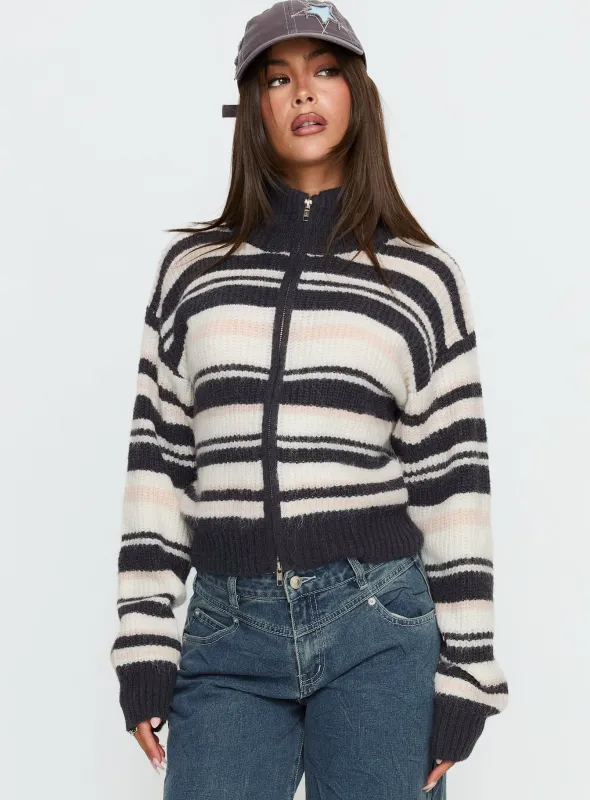 Tetra Zip Through Knit Sweater Pink Stripe sold by Princess Polly