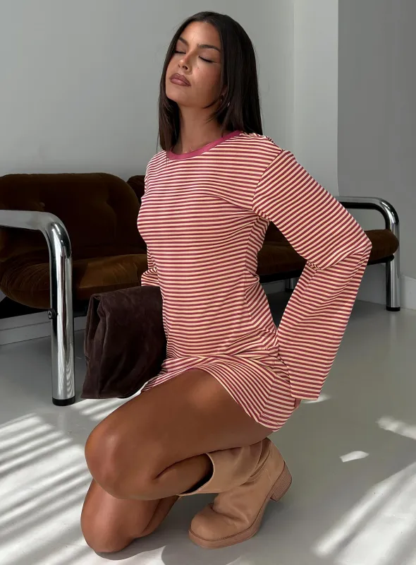 Lulolah Long Sleeve Mini Dress Lemon / Burgundy Stripe sold by Princess Polly