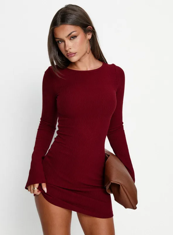 Bryanna Long Sleeve Mini Dress Deep Merlot sold by Princess Polly